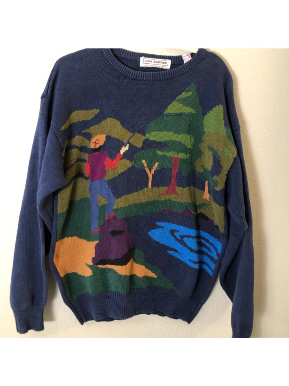 Vintage Fishing Sweater Men's size L Blue John Ashford 100% Cotton Knit 90s - Picture 2 of 7